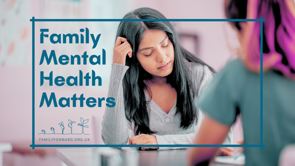 Family Mental Health Matters. Photo of a young person sat at a table opposite someone dressed in a clinical uniform. Text overlay reads "Family Mental Health Matters"